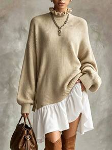 Trelyra Women's Colorblock Pleated Casual Everyday Knit Dress Brunch Beige Fall - Apricot - View 5