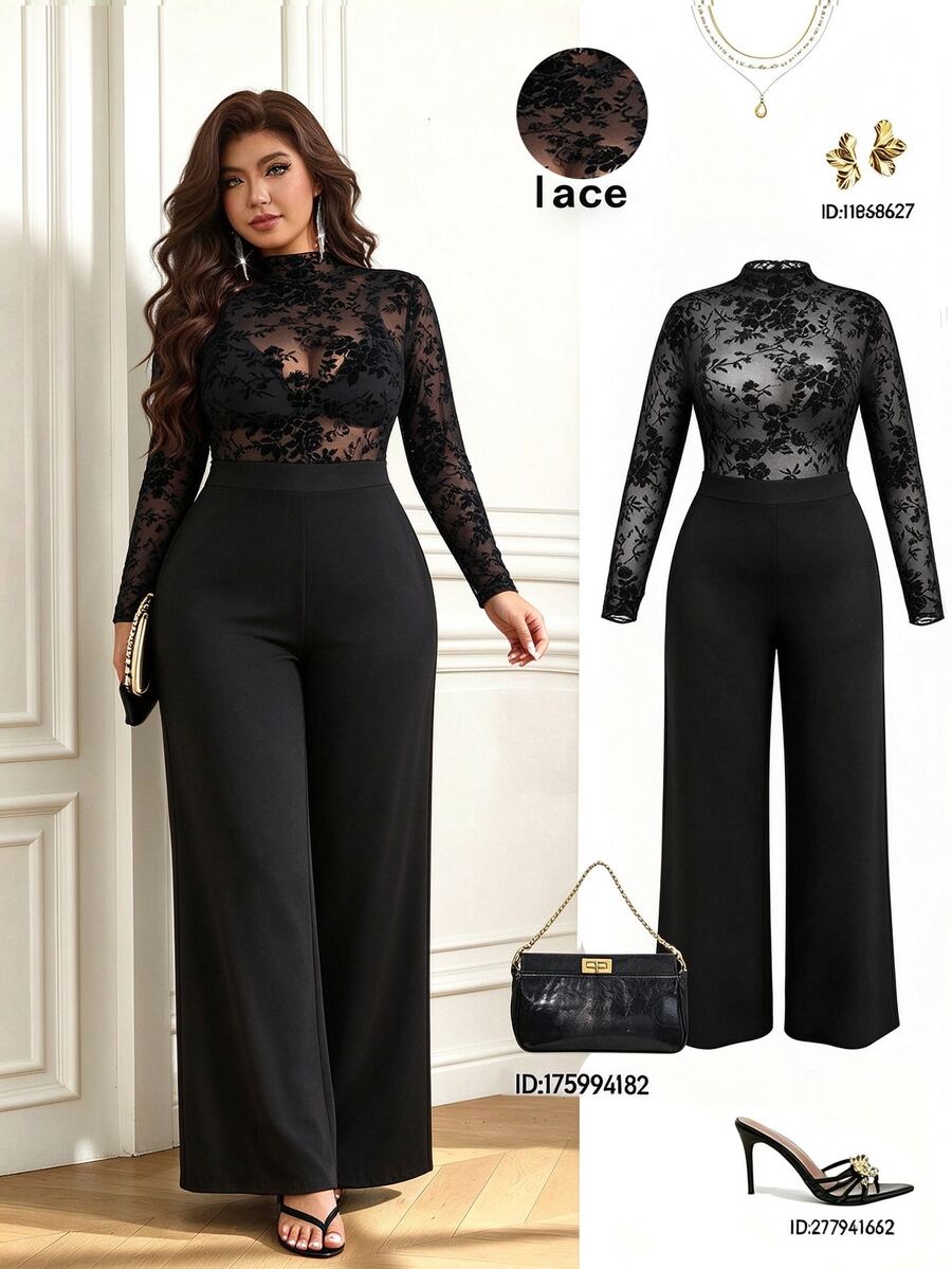 Femmeverse Women's Plus Size Elegant Party Flocked Lace Patchwork Fitted Top & Wide Leg Long Jumpsuit Fall - Black - View 1