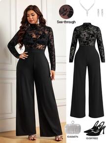 Femmeverse Women's Plus Size Elegant Party Flocked Lace Patchwork Fitted Top & Wide Leg Long Jumpsuit Fall - Black - View 8