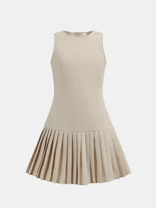 SHEIN 少女无袖褶皱连衣裙，卡其色，夏季，优雅，适合派对、休闲、时尚、百搭，可用于外出、姐妹合影、公园、露营、度假等场合。 - 杏色 - 查看 4