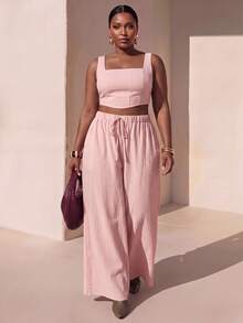 Zivah Spring/Summer Resort Formal Baggy Dusty Pink Herringbone Camisole Wide Leg Pants With Pockets 2 Pieces Set Textured Fabric Women Plus Size - Pink - View 2
