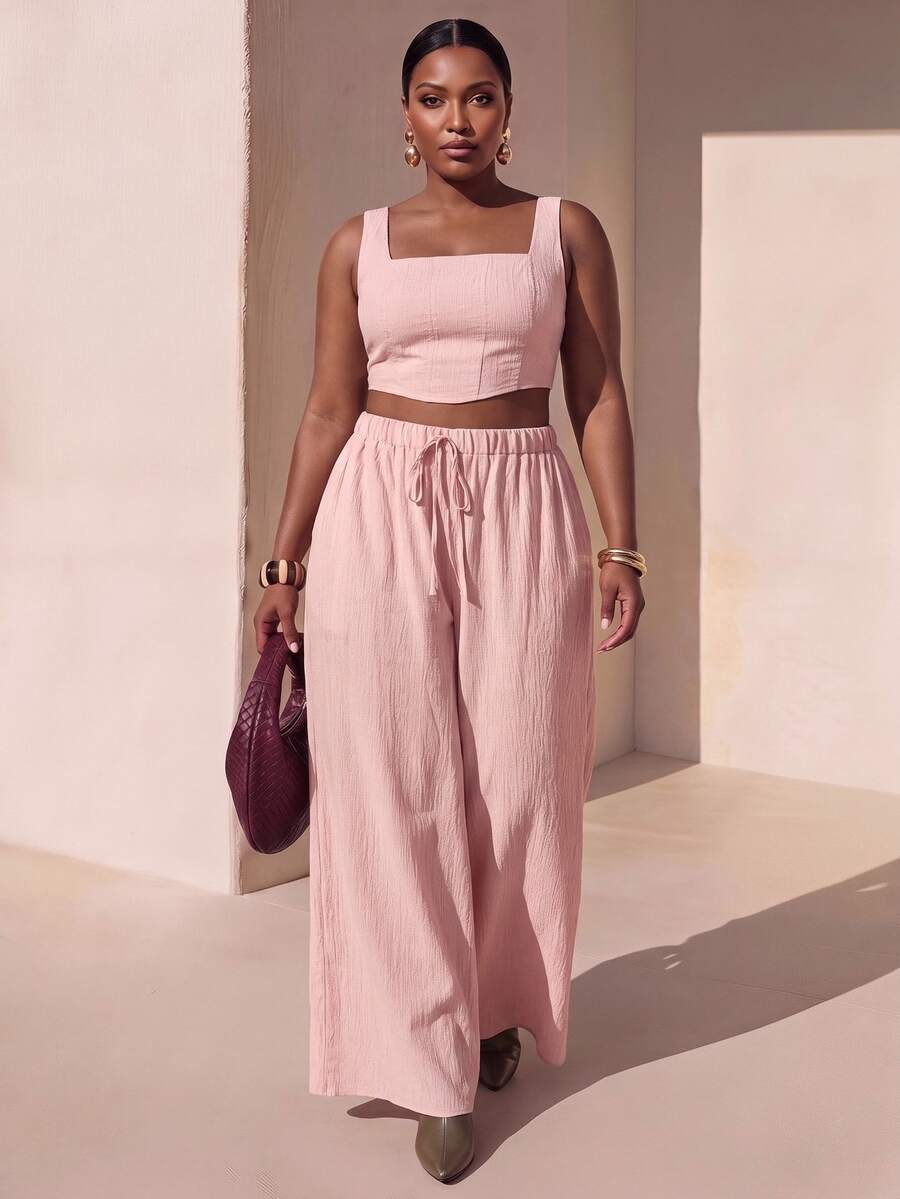 Zivah Spring/Summer Resort Formal Baggy Dusty Pink Herringbone Camisole Wide Leg Pants With Pockets 2 Pieces Set Textured Fabric Women Plus Size