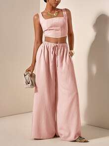 Zivah Spring/Summer Resort Formal Baggy Dusty Pink Herringbone Camisole Wide Leg Pants With Pockets 2 Pieces Set Textured Fabric Women Plus Size - Pink - View 4