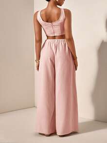 Zivah Spring/Summer Resort Formal Baggy Dusty Pink Herringbone Camisole Wide Leg Pants With Pockets 2 Pieces Set Textured Fabric Women Plus Size - Pink - View 3