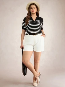 Comfylo Plus Size Colorblock Striped Short Sleeve Knit Top - Black and White - View 8