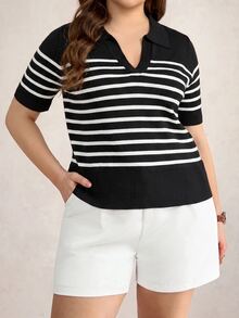 Comfylo Plus Size Colorblock Striped Short Sleeve Knit Top - Black and White - View 4