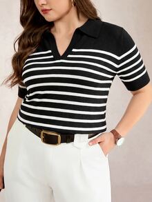 Comfylo Plus Size Colorblock Striped Short Sleeve Knit Top - Black and White - View 9