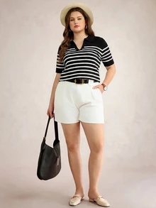 Comfylo Plus Size Colorblock Striped Short Sleeve Knit Top - Black and White - View 7