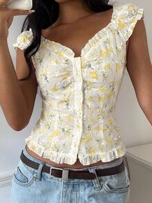 CovetEZ Women's Casual Yellow Floral Ruffle Trim Single-Breasted Shirt,Summer Top - Yellow - View 7