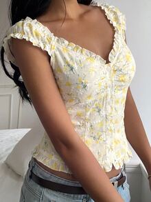 CovetEZ Women's Casual Yellow Floral Ruffle Trim Single-Breasted Shirt,Summer Top - Yellow - View 5