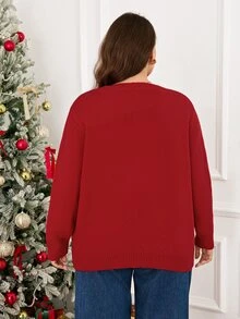 SHEIN LUNE Plus Size Women Bowknot Pattern Casual Daily Long Sleeve Sweater Party Wear - Red - View 2