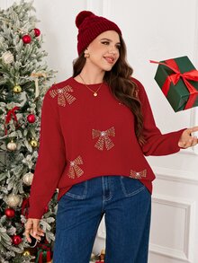 SHEIN LUNE Plus Size Women Bowknot Pattern Casual Daily Long Sleeve Sweater Party Wear - Red - View 1