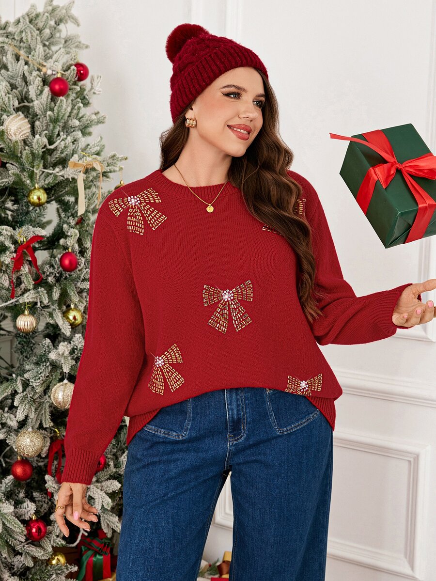 SHEIN LUNE Plus Size Women Bowknot Pattern Casual Daily Long Sleeve Sweater Party Wear - Red - View 1