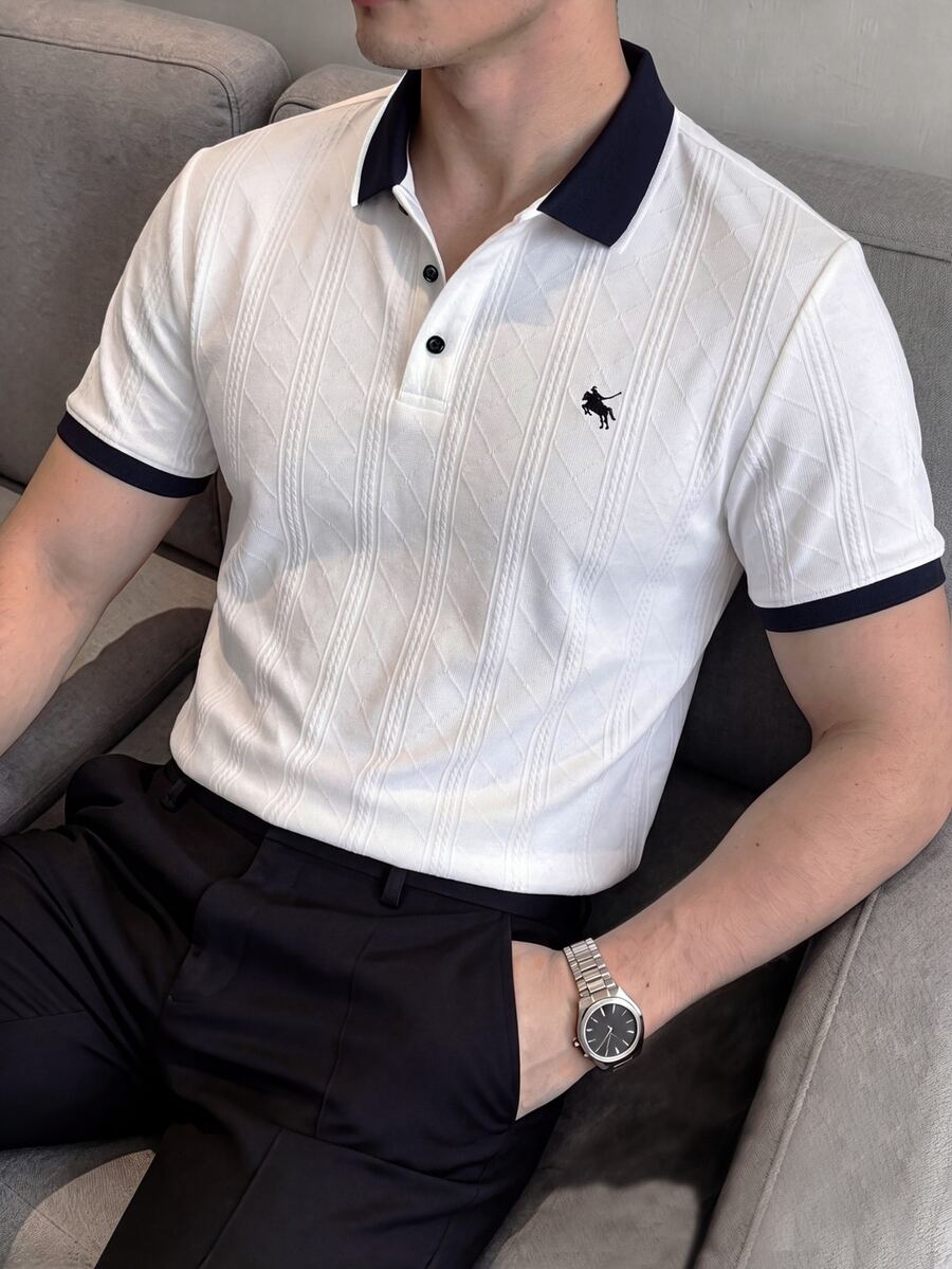 Core Aspect 男士白色提花針織 Polo 衫,修身版對比領刺繡短袖 Polo,學院風商務休閒日常辦公上衣,正式款 - 白色 - 查看 1