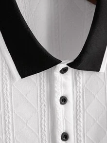 Core Aspect 男士白色提花針織 Polo 衫，修身版對比領刺繡短袖 Polo，學院風商務休閒日常辦公上衣，正式款 - 白色 - 查看 3