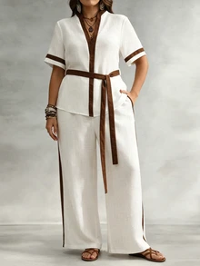 Linhara CURVE Women's Plus Size Fashion Contrast Color Casual 2 Pieces Set, Spring Summer Autumn 2 Pieces Set For Outing, Leisure, Vacation, Commute - White - View 7