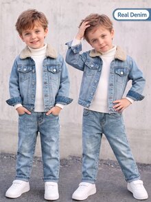 Boys INS Style Washed Blue Denim 2pcs Set, Korean Fashion Lamb Fleece Lapel Jacket With Elastic Waist Long Pants Outfit - Light Wash - View 1