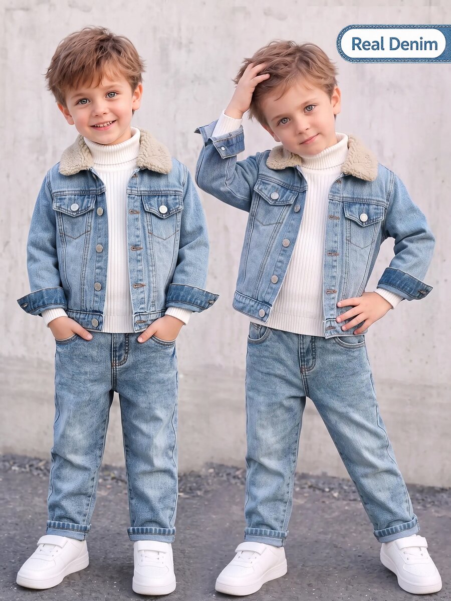 Boys INS Style Washed Blue Denim 2pcs Set, Korean Fashion Lamb Fleece Lapel Jacket With Elastic Waist Long Pants Outfit - Light Wash - View 1