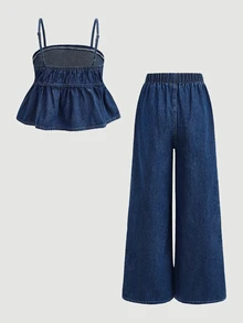 Firerie Kids Firerie Kids 2件組青少年女孩時尚返校街頭風混搭百搭設計 Y2K復古酷感深藍牛仔細肩帶背心上衣與彈性鬆緊腰寬鬆舒適牛仔褲套裝，青少年女孩日常穿著，春夏季派對電音節慶街頭風服飾 - 藍色 - 查看 2