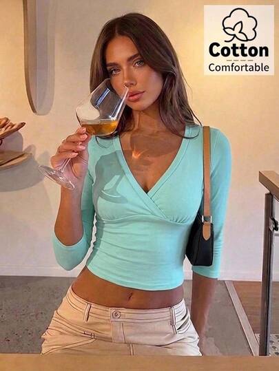 Aloruh Aqua Blue V-Neck 3/4 Sleeve Slimming T-Shirt Everyday Sexy Autumn Casual Beach Everyday Going Out Vacation Boho Y2K Top