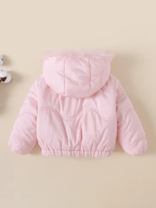 SHEIN Baby Girl Woven Cute Pink Quilted Hooded Faux Fur Trim Padded Coat, Suitable For Autumn/Winter Wear - Pink - View 2
