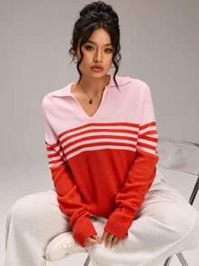 SHEIN BASICS Plus Size Women's Pink And Red Polo Collar Striped Colorblock Ribbed Cuff Long Sleeve Knit Top Fall/Winter Warmth - Multicolor - View 8