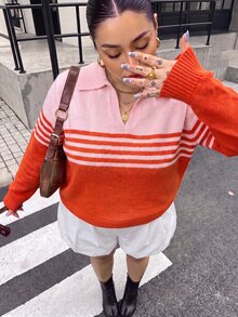 SHEIN BASICS Plus Size Women's Pink And Red Polo Collar Striped Colorblock Ribbed Cuff Long Sleeve Knit Top Fall/Winter Warmth - Multicolor - View 6