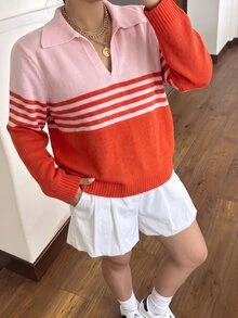 SHEIN BASICS Plus Size Women's Pink And Red Polo Collar Striped Colorblock Ribbed Cuff Long Sleeve Knit Top Fall/Winter Warmth - Multicolor - View 1