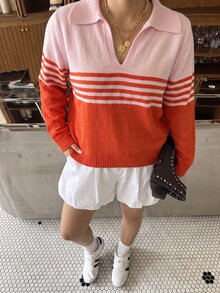 SHEIN BASICS Plus Size Women's Pink And Red Polo Collar Striped Colorblock Ribbed Cuff Long Sleeve Knit Top Fall/Winter Warmth - Multicolor - View 7