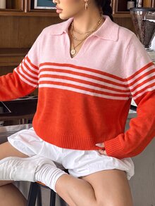 SHEIN BASICS Plus Size Women's Pink And Red Polo Collar Striped Colorblock Ribbed Cuff Long Sleeve Knit Top Fall/Winter Warmth - Multicolor - View 2