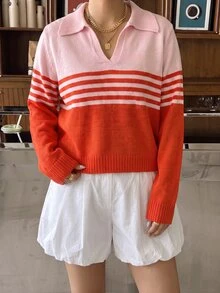 SHEIN BASICS Plus Size Women's Pink And Red Polo Collar Striped Colorblock Ribbed Cuff Long Sleeve Knit Top Fall/Winter Warmth - Multicolor - View 4