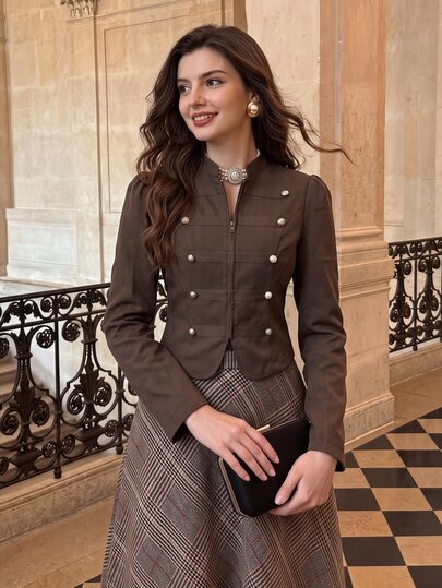 Vintamour Vintage Classic Elegant Women's Fitted Woven Jacquard Jacket With Metal Buttons, Stand Collar, Long Sleeves, Coffee Brown, Autumn/Winter