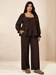 Edennvi Plus Size Casual Women's 2 Pieces Set Square Neck Layered Ruffle Long Sleeve Top & High Waist Wide Leg Pants Casual Daily Commute Outfit Fall - Brown - View 3