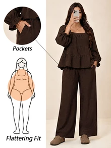 Edennvi Plus Size Casual Women's 2 Pieces Set Square Neck Layered Ruffle Long Sleeve Top & High Waist Wide Leg Pants Casual Daily Commute Outfit Fall - Brown - View 1