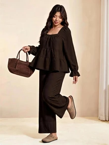 Edennvi Plus Size Casual Women's 2 Pieces Set Square Neck Layered Ruffle Long Sleeve Top & High Waist Wide Leg Pants Casual Daily Commute Outfit Fall - Brown - View 4