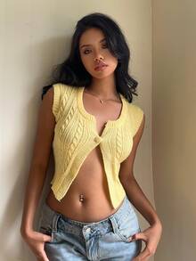 CovetEZ Women's Casual Pale Yellow Rib-Knit Sleeveless V Neck Crop Cardigan Sweater Vest,Butter Top Back-To-School School Summer - Yellow - View 6