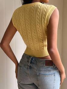 CovetEZ Women's Casual Pale Yellow Rib-Knit Sleeveless V Neck Crop Cardigan Sweater Vest,Butter Top Back-To-School School Summer - Yellow - View 4