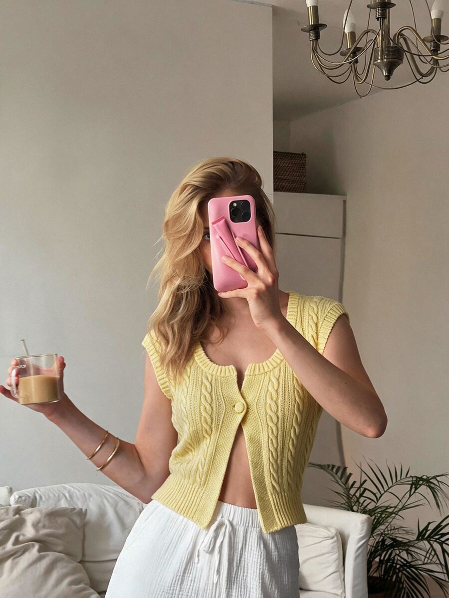 CovetEZ Women's Casual Pale Yellow Rib-Knit Sleeveless V Neck Crop Cardigan Sweater Vest,Butter Top Back-To-School School Summer - Yellow - View 1