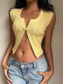 CovetEZ Women's Casual Pale Yellow Rib-Knit Sleeveless V Neck Crop Cardigan Sweater Vest,Butter Top Back-To-School School Summer - Yellow - View 7