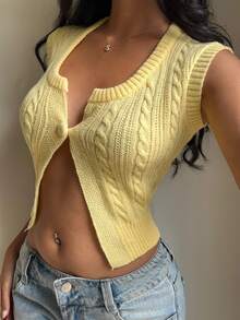 CovetEZ Women's Casual Pale Yellow Rib-Knit Sleeveless V Neck Crop Cardigan Sweater Vest,Butter Top Back-To-School School Summer - Yellow - View 2