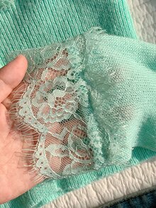Comfortcana 女款對比蕾絲長袖單排扣針織開襟衫 - 薄荷綠 - 查看 6