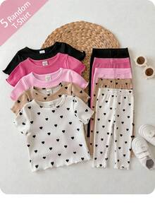 ​5 Random T-Shirt Of Solid Color Heart Pattern Knitted Casual T-Shirts For Baby Girls (Multiple Pieces) - Pink - View 1