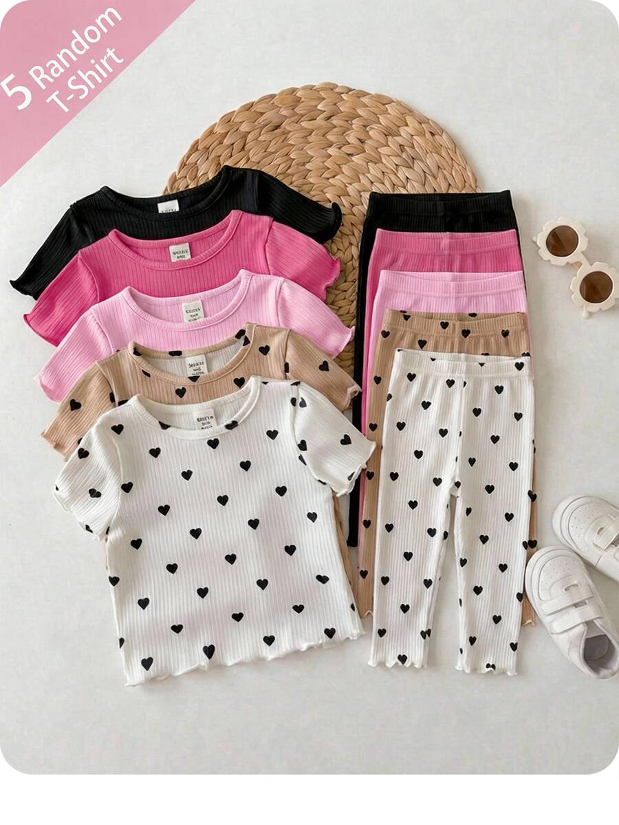 ​5 Random T-Shirt Of Solid Color Heart Pattern Knitted Casual T-Shirts For Baby Girls (Multiple Pieces) - Pink - View 1