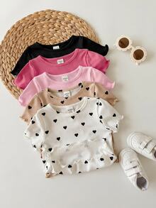 ​5 Random T-Shirt Of Solid Color Heart Pattern Knitted Casual T-Shirts For Baby Girls (Multiple Pieces) - Pink - View 3