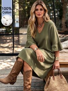 Linhara Đầm mini casual nữ size lớn màu xanh ô liu, cotton giặt wash, cổ chữ V, tay loe, phong cách đơn giản mặc hằng ngày cho mùa thu - xanh quân đội - Xem 3