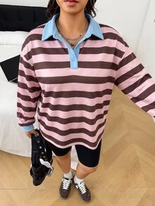 SHEIN BASICS Plus Size Women's Striped Color Block Casual Everyday Long Sleeve Sweatshirt Winter - Multicolor - View 3