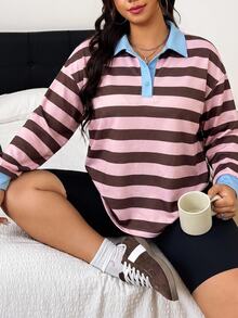 SHEIN BASICS Plus Size Women's Striped Color Block Casual Everyday Long Sleeve Sweatshirt Winter - Multicolor - View 1