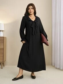 SHEIN LUNE Plus Size Women's Elegant Straight Ruffle Tie Long Sleeve Dress, V-Neck Ruffle Collar Ruffle Chest Bow Pullover Dress, Loose Lazy Comfortable Daily Outing Travel Home Holiday All Season Wear - Black - View 6