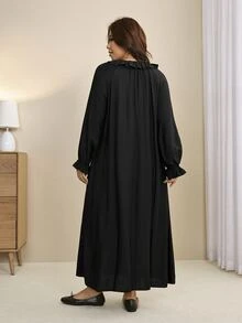 SHEIN LUNE Plus Size Women's Elegant Straight Ruffle Tie Long Sleeve Dress, V-Neck Ruffle Collar Ruffle Chest Bow Pullover Dress, Loose Lazy Comfortable Daily Outing Travel Home Holiday All Season Wear - Black - View 2