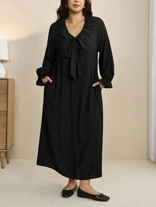 SHEIN LUNE Plus Size Women's Elegant Straight Ruffle Tie Long Sleeve Dress, V-Neck Ruffle Collar Ruffle Chest Bow Pullover Dress, Loose Lazy Comfortable Daily Outing Travel Home Holiday All Season Wear - Black - View 5